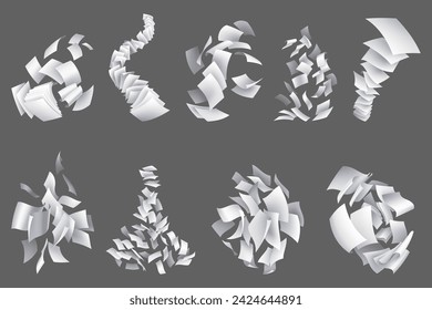 Collection of realistic falling paper sheets. Set of flying curved leaves of paper. Vector loose soar of notes with curled edges. Fly scattered notes, empty chaotic paperwork