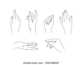 A collection of realistic female hands. Isolated vector gesture icons on white background. Set of elegant line hands for logos, cosmetics brands and nail salons. Editable strokes.