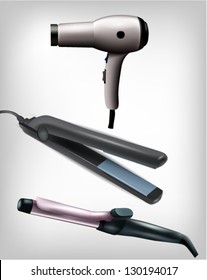 Collection of realistic flat iron, curling iron and hair dryer