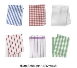 Collection realistic folded cotton kitchen towels vector illustration. Set textile tablecloth with checkered and lined print. Picnic napkin, gingham cotton linen or plaid 3d mockup decorative design