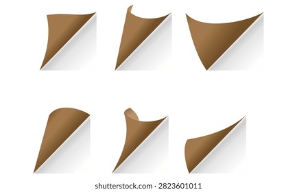Collection of realistic folded page corner elements isolated on a white background for document layouts.