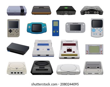 Collection of realistic game and pocket consoles. Detailed illustrations.