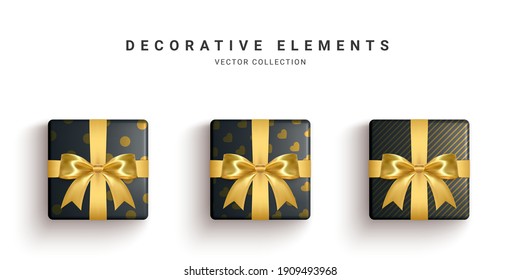 Collection of realistic gift boxes, decorative presents isolated on white background. Vector illustration.