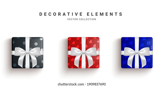 Collection of realistic gift boxes, decorative presents isolated on white background. Vector illustration.