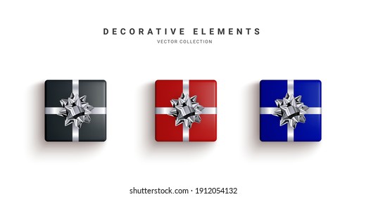 Collection of realistic gift boxes, decorative presents isolated on white background. Vector illustration.