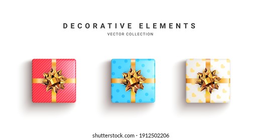 Collection of realistic gift boxes, decorative presents isolated on white background. Vector illustration.