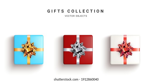 Collection Of Realistic Gift Boxes, Decorative Presents Isolated On White Background. Vector Illustration.