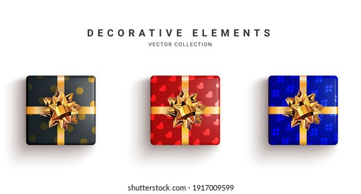 Collection of realistic gift boxes, decorative presents isolated on white background. Vector illustration.