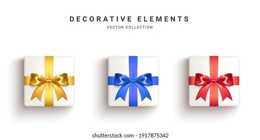 Collection of realistic gift boxes, decorative presents isolated on white background. Vector illustration.