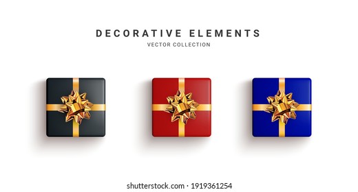 Collection of realistic gift boxes, decorative presents isolated on white background. Vector illustration.