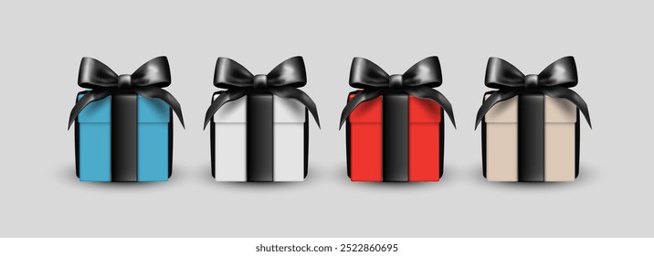 Kollektion von realistischen Geschenkboxen. Set von Einzelgeschenken mit schwarzem Seidenbogen