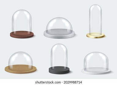 Collection of realistic glass domes vector illustration. Set of vintage transparent storage container, product presentation case on wooden, metallic or plastic trays with gloss reflection isolated