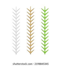 Collection realistic glossy vertical artificial pine branches with sharp needles Christmas toy vector illustration. Set minimalist coniferous wood sticks Xmas spruce bauble or interior design