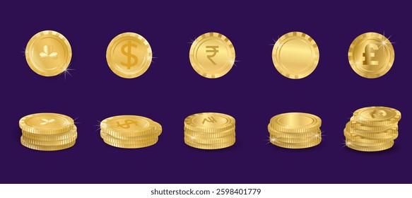 collection of realistic gold coins of different currencies, various money
