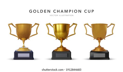 Collection of realistic gold cup with shadow isolated on white background. Vector illustration