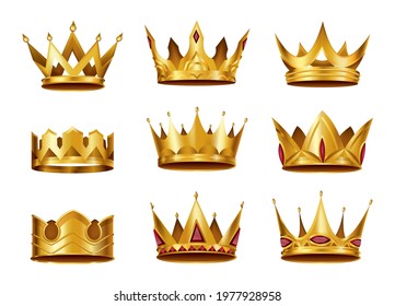 Collection of realistic golden crowns. Crowning headdress for king or queen. Royal noble aristocrat monarchy symbols. Monarch heraldic decorations