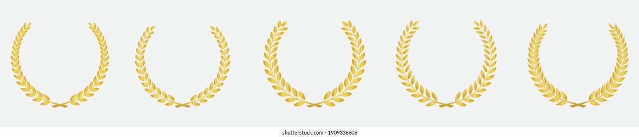 Collection of realistic golden vector laurel wreaths on transparent background. wreaths depicting an award, heraldry, achievement, victory, winner, ornate, cinema festival, Vector icon illustration.