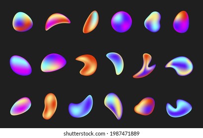 Collection of realistic gradient iridescent shape vector illustration. Set of liquid elements holographic chameleon design with bright shimmering color isolated. Abstract neon paint splash fluid drops