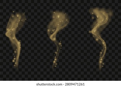 Collection of realistic gray smoke layers on transparent background. Translucent vector steam trails from hot coffee, tea, cigarettes or food. Abstract fog and mist effects concept Vector.