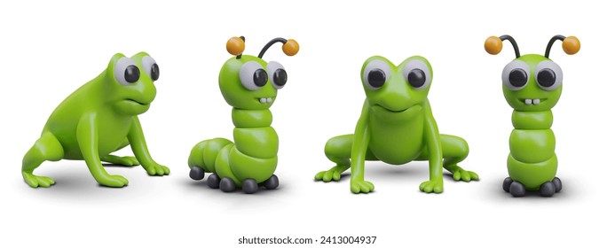 Collection of realistic green frogs and centipedes sitting on white background in different positions. Collection for online game. Vector design illustration in 3d style