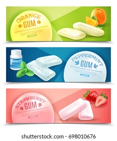 Collection of realistic gum horizontal banners with pieces of bubblegum and images of taste origin vector illustration