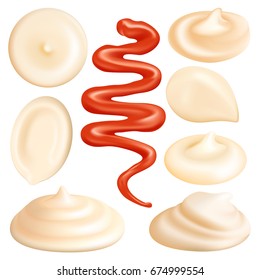 Collection of realistic handful cream or mayonnaise swirl and tomato ketchup line isolated on white background. Vector 3d illustration