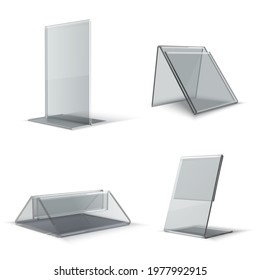 Collection of realistic holders for advertising brochures vector illustration. Set of business cards stands isolated on white. Glass or plastic frames for identity information, promotion presentation