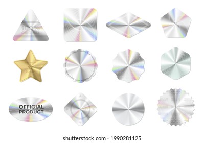 Collection of realistic holographic stickers vector illustration. Set of geometric hologram seal for product guarantee isolated. Symbol of quality certification label, fluorescent award design