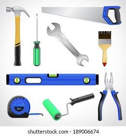 A collection of realistic house maintenance or repair carpenter tools isolated icons set of hammer saw pliers and wrench vector illustration