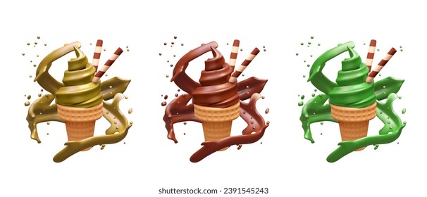 Collection with realistic ice cream with apple, chocolate, and pistachio taste. Splash with juice on background. Vector illustration in realistic 3D style