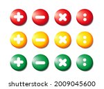 Collection of realistic icons. 3D colorful round button. Pin the icon layout. Red, yellow, green icons. Mathematical symbols. Plus sign, minus, multiply, divide . Vector illustration.
