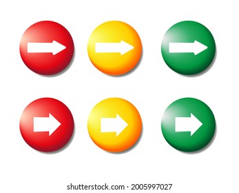 Collection of realistic icons. 3D colorful round button. Pin icon mockup. Red, yellow, green icons with arrows. Vector illustration.