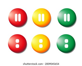 Collection of realistic icons. 3D colorful round button. Pin the icon layout. Red, yellow, green icons. Pause, two points.