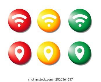 Collection of realistic icons. 3D colorful round button. Pin the icon layout. Red, yellow, green icons with   Pointer icon and Wi-Fi . Location map pin icon.Vector illustration.