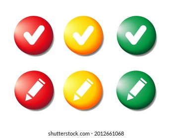 Collection of realistic icons. 3D colorful round button. Pin the icon layout. Red, yellow, green icons with Pencil  icon ,check mark icon. Tick symbol .  Vector illustration.