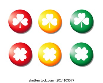 Collection of realistic icons. 3D colorful round button. Pin the icon layout. Red, yellow, green icons with four-leaf clover icon and three leaf clover.  Vector illustration.
