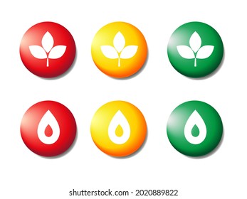 Collection of realistic icons. 3D colorful round button. Pin the icon layout. Red, yellow, green icons with leaves and a drop of water. Ecology icons. Vector illustration.