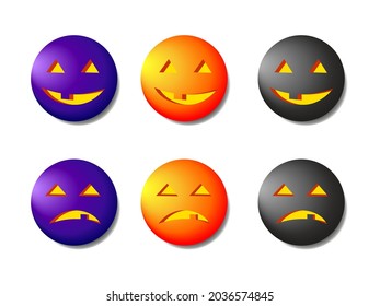 Collection of realistic icons. 3D colorful round button halloween colors. Orange, black, purple icons with emotions, with the face of a Halloween pumpkin.  Happy emotion, Sad, angry emotion.
