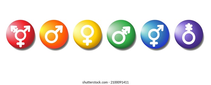 Collection Of Realistic Icons. 3D Colorful Round Button Colors Of The Rainbow. Attach The Icon Layout.  Gender Symbolism Of Sexual Orientation. Transgender, Female, Male, Androgynous, Bigender,other.