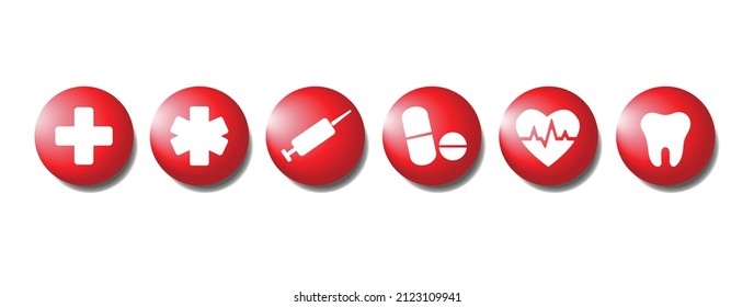 Collection of realistic icons. 3D colorful round button. Dock the icon layout. Red, white icons. Medical symbols. Sign cross, syringe, tablets, tooth, cardio. Vector illustration.