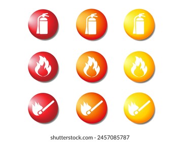 Collection of realistic icons for fire safety, fire protection. 3D colorful round button. Pin the icon layout. Red, orange, yellow icons with fire, fire extinguisher, burning match.