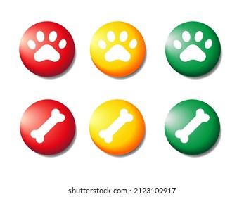Collection of realistic icons for veterinary medicine, pet care, pet store, shelter.3D colorful round button. Dock the icon layout. Red, yellow, green icons with animal footprint and bone.