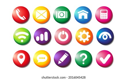 A collection of realistic icons with white signs. 3D colorful round buttons of different colors with shadow. Pin the icon layout.  Red, green, yellow, purple, pink, blue.  For Mobile and Web.