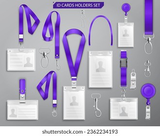 Collection of realistic id badge cards on purple lanyards with strap clips, cord and clasps vector illustration