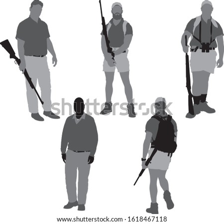 a collection of realistic illustrated vector silhouette armed game rangers, troops and security officers for a wildlife game park as an occupation
