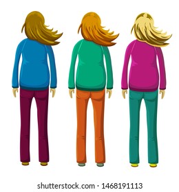 Collection of realistic illustration of a young women standing with fluttering or flying hair, wearing a casual or sports jacket and pants. Women back view set in flat cartoon style isolated on white.