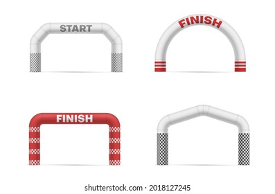 Collection realistic inflatable arches with start and finish inscription vector illustration. Set rubber equipment for marathon racing isolated. Air balloon gate template for competition championship