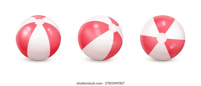 Collection of realistic inflatable beach balls in different angles and stripe patterns isolated on white background. Summer vacation toy mockup for beach and pool design