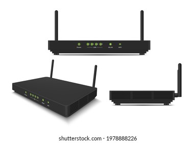 Colección de ilustración vectorial de visión isométrica lateral, frontal de enrutador de Internet realista. Conjunto de red de conmutador wi fi inalámbrico con conexión de alta velocidad aislada. Tecnología de telecomunicaciones por computadora