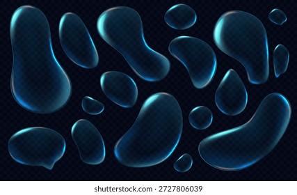 Coleção de bolhas ou gotas iridescentes realistas com reflexos de arco-íris e um efeito holográfico e brilho. Uma gota volumétrica brilhante de água redonda com efeito holográfico e brilho. Ilustração em 3D vetorial.